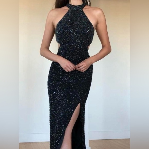 Vintage 90's Cache Black Silk Beaded Sequin Halter Gown Maxi Dress Size Large - Picture 4 of 16